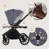 A collage of images showing different features of a stroller, including its adjustable canopy, handle, and harness system. Náhled obrázku produktu