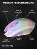 A diagram of a white gaming mouse with colorful RGB lighting, showing various features labeled in German. Produktbild-Vorschau
