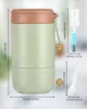 A size chart showing a food container with dimensions and capacity labels, along with a cleaning brush and spoon. Produktbild-Vorschau