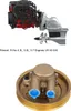 A marine engine and drive system is shown in the top half of the image, and a brass water pump is shown in the bottom half. Text below the engine indicates compatibility with specific engine sizes. Voir les images du produit