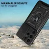 A black phone case with a ring holder is shown in a snowy, outdoor environment. Produktbild-Vorschau