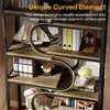 A close-up view of a multi-shelf industrial-style bookshelf with decorative items and office supplies. Podgląd zdjęcia produktu