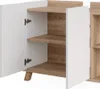 A close-up view of a white and wood cabinet with open doors, revealing shelves. Náhled obrázku produktu