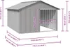 A diagram of a gray metal shed with dimensions indicated by purple lines and text. Podgląd zdjęcia produktu