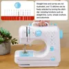 A sewing machine is shown on a wooden table, with a plant in a pot to the left. Text overlays describe its features. Produktbild-Vorschau