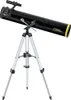 A black telescope on a silver tripod against a white background. Produktbild-Vorschau