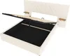 A beige upholstered bed frame with the mattress support lifted to reveal storage space underneath. Náhled obrázku produktu