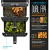 A dual-chamber air fryer with food inside and marketing text on the side. Produktbild-Vorschau