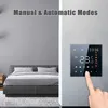 A split image showing a bedroom on the left and a smart thermostat on the right, with a finger interacting with the thermostat. Produktbild-Vorschau