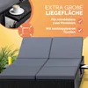 A close-up marketing image of a black rattan double sun lounger with grey cushions, featuring text overlays highlighting its features. Produktbild-Vorschau