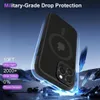 A black iPhone case is shown in a dramatic, dynamic pose, appearing to be dropped and protected from impact. Produktbild-Vorschau