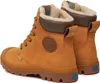 A pair of tan Palladium boots with brown accents and blue detailing on the soles. Produktbild-Vorschau