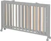 A grey folding baby crib with wooden slats is shown from the side. Produktbild-Vorschau