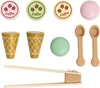 A collection of wooden toy food items, including coffee beans, ice cream cones, and serving utensils, arranged on a white background. Anteprima dell’immagine prodotto