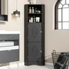 A black corner cabinet with shelves and doors, placed in a bathroom setting next to a sink and a window. Voir les images du produit