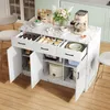 A kitchen island with storage and a countertop, set in a kitchen environment with stools. Voir les images du produit