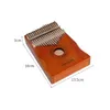 A wooden kalimba with metal tines, shown with dimensions indicated by measurement lines and text. Produktbild-Vorschau
