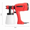 A red and black electric paint sprayer with a white container is shown against a white background. Dimensions are indicated with lines and text. Produktbild-Vorschau
