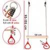 Diagram showing dimensions and close-ups of a wooden trapeze swing with red handles. Náhled obrázku produktu