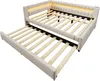 A beige upholstered daybed with a pull-out trundle bed, both showing their wooden slat bases. The headboard has integrated LED lighting. Produktbild-Vorschau