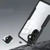 A phone case is shown at an angle, appearing to be dropped onto a rocky surface. A close-up inset shows the camera protection detail. Produktbild-Vorschau