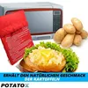 A microwave, a red potato bag, raw potatoes, and a cooked baked potato with butter and lettuce are arranged together, with text overlays. Produktbild-Vorschau