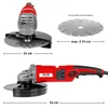 A collage of images showing an angle grinder and its specifications. Produktbild-Vorschau