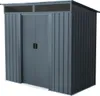 A dark gray metal shed with double doors and a sloped roof with a translucent panel. Produktbild-Vorschau