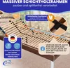 A close-up view of a wooden bed frame's slatted base, with marketing text and graphics overlaid. Produktbild-Vorschau
