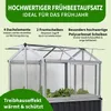 A close-up view of a greenhouse attachment for a raised garden bed, with text overlays highlighting its features. Produktbild-Vorschau