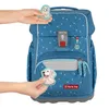 Hands are shown attaching decorative patches to a blue backpack. Náhled obrázku produktu