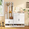 A white hallway furniture set with a coat rack, bench with shoe storage, and a cabinet with drawers and doors, decorated with a hat, coat, bags, and an umbrella. Produktbild-Vorschau