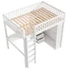 A white loft bed with a wooden slatted base, a ladder, drawers, and a closet. Produktbild-Vorschau
