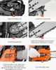 A collage of six images showing the assembly steps of a chainsaw. Produktbild-Vorschau