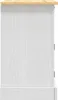Side view of a white wooden cabinet with a light wood top. Produktbild-Vorschau