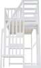 A white wooden bunk bed with stairs and a slatted mattress base, shown from a low angle against a white background. Náhľad obrázku produktu