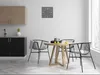 A modern kitchen and dining area with a round wooden table and chairs, a clock on the wall, and kitchen cabinets. Anteprima dell’immagine prodotto