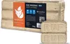 A package of wood briquettes with two loose briquettes in the foreground. Produktbild-Vorschau