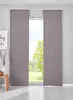 Two panel curtains are shown hanging in front of a window with a view of trees and grass.
