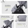 Collage of images showing features of a stroller and an organizer bag. Produktbild-Vorschau