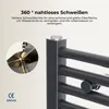 Close-up of a dark gray towel radiator with text overlay describing its features. Voir les images du produit
