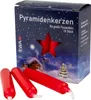 Auf dem Bild ist eine Schachtel mit der Aufschrift Pyramidenkerzen zu sehen die rote Kerzen enthält und mit winterlichen Motiven wie einem verschneiten Haus und einem Mond verziert ist Podgląd zdjęcia produktu