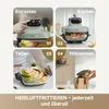 A collage of four images showing the steps of using an air fryer: setting it up, cooking, serving, and taking it to go. The bottom text summarizes the product's benefits. Produktbild-Vorschau