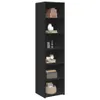 A tall, narrow black bookshelf with several items on its shelves. Produktbild-Vorschau