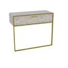 A product shot of a modern console table with a marble-patterned drawer front and gold metal frame, isolated on a white background. Produktbild-Vorschau