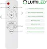 A remote control with labeled buttons and corresponding descriptions. Produktbild-Vorschau