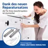 A woman is interacting with a dishwasher, with a repair kit shown in a circle. Produktbild-Vorschau