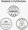 Marketing badges and certifications for a product. Produktbild-Vorschau