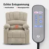 A beige massage recliner chair with a remote control, highlighting its features. Produktbild-Vorschau