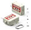 Two views of a cassette tape-shaped case for Apple AirPods Pro, shown on a white background with diagrams of ports and connectors. Produktbild-Vorschau
